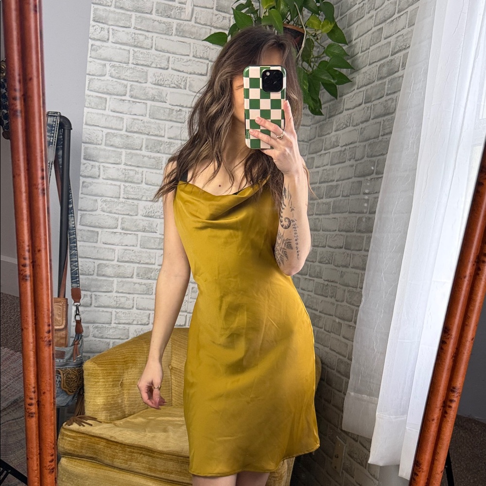 Urban Outfitters NWT // Mustard Satin Cowl Slip Mini Dress